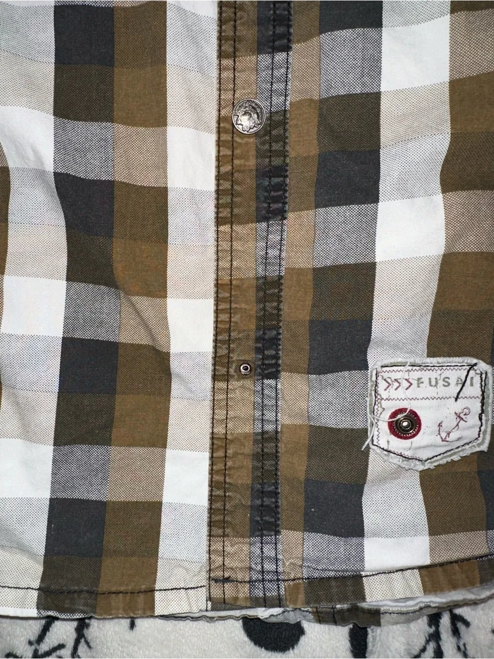 FUSAI Jeans Mens Large Plaid Utility Snap Shirt, Moto Grunge  Y2K Heavy Cotton L